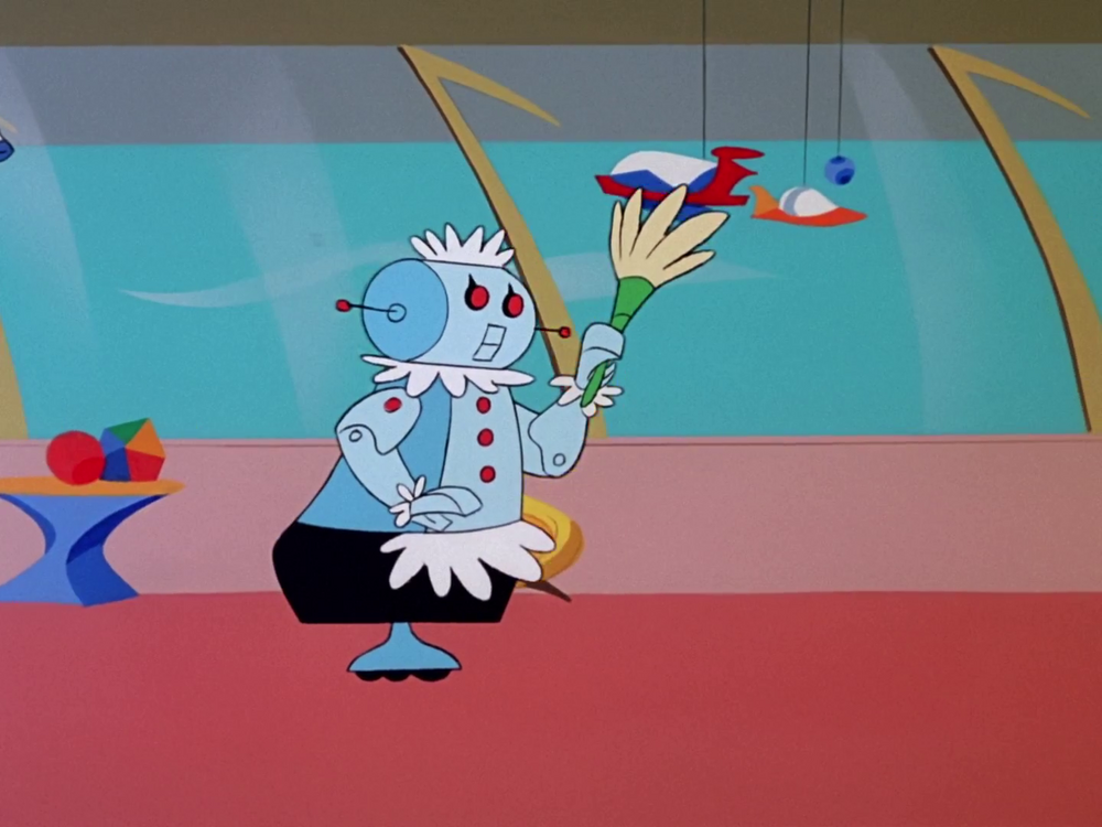 A cartoon still of a robot who is dressed in a French maid outfit and dusts some toy rockets