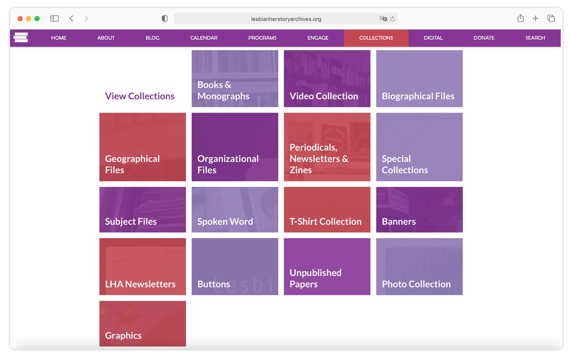 Screenshot from the website of the Feminist Herstory Archive. Under the section "Collections", various formats are listed that are in the archive, such as Books and Monographs, Video Files, Geographical Files, Organizational Files, Periodicals, Newsletter and Zines, Spoken Word, T-Shirt Collection, Banners, Buttons and many more.