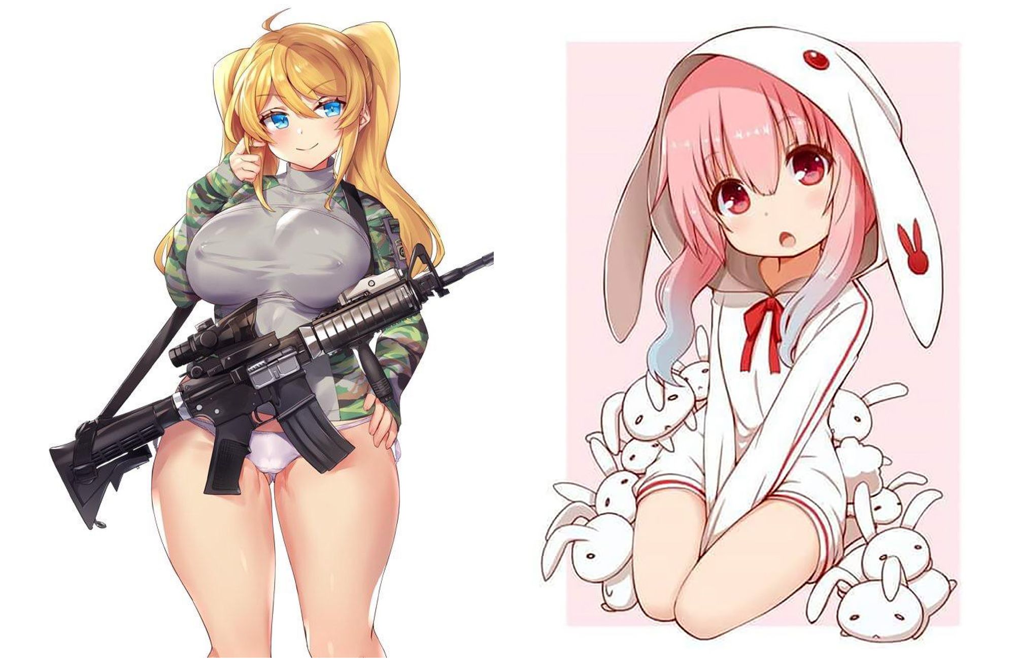 Left: An anime drawing of a hypersexualized woman with large bosom. She is lightly dressed, wearing only panties, an almost see-through tight-fitting shirt that shows her nipples, and an army jacket. Around her neck she wears a machine gun. Her facial expression seems almost childlike and innocent. On the right: an anime drawing of a girl wearing a white dress with bunny ears. She is surrounded by plush bunnies. Her hands are shyly hidden between her thighs, and her big eyes and open mouth give her an expression between childlike surprise and sexual attraction.