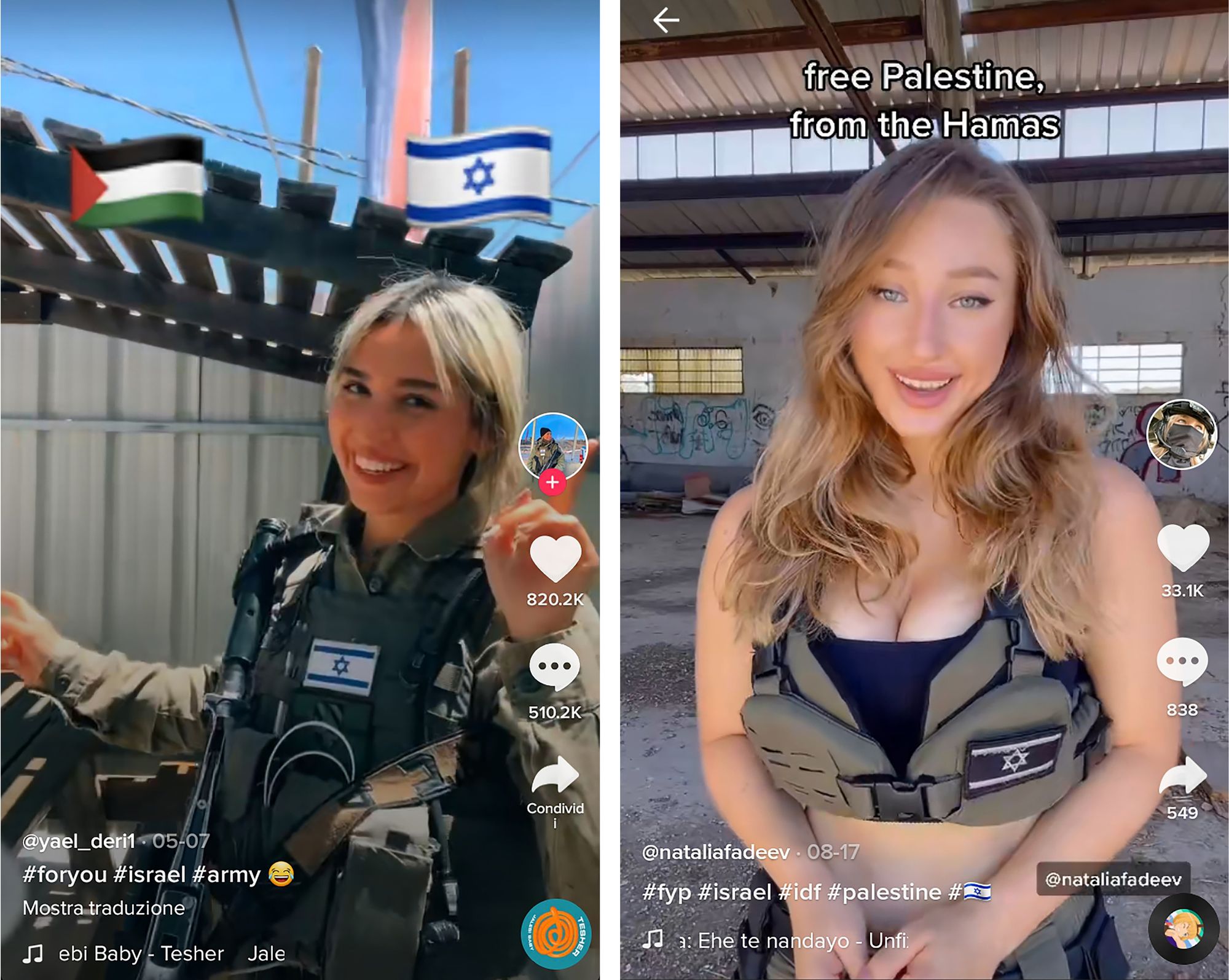 image6.jpgTwo TikTok screenshots of pretty girls in Israeli army garment. In the first image, the Palestinian and Israeli flag emojis hover over the dancing girl. In the second image, the words "free Palestine from the Hamas" are typed on top of the lightly dressed woman. 