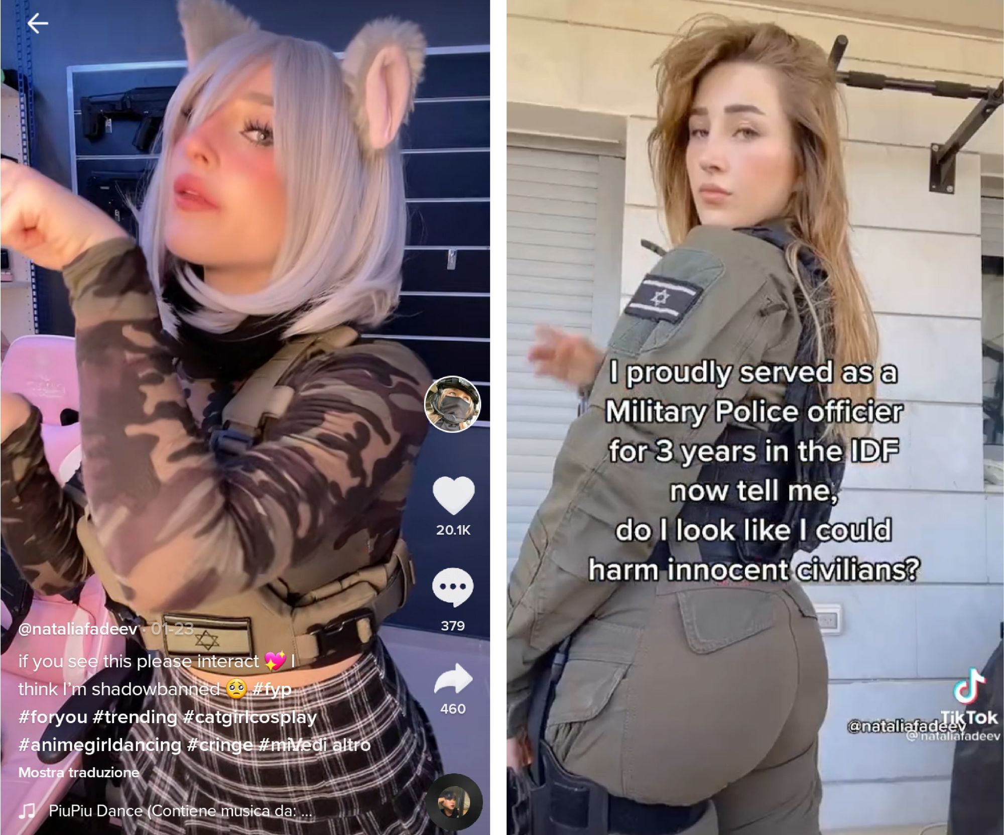 Two TikTok screenshots of a pretty woman in Israeli army garment. In the first image, she wears a white wig with cat ears and poses as if licking her hand like a cat. In the second image, she flirtily shows her backside while turning around to the spectator. In the middle of the image, the words are written: "I proudly served as a Military Police officer for three years in the IDF. Now tell me, do I look like I could harm innocent civilians"?