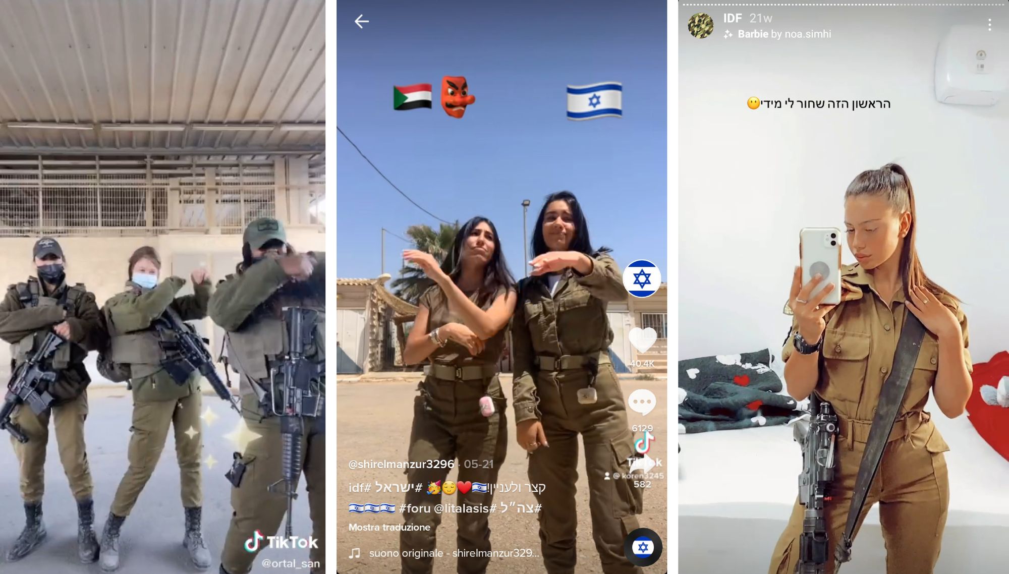 Three TikTok screenshots with different young and beautiful women in army clothes. In the first picture, three girls are dancing in front of an industrial building. In the second picture, three girls are dancing on the street. The third picture shows a woman posing for a selfie, and around her shoulders hangs a machine gun. 