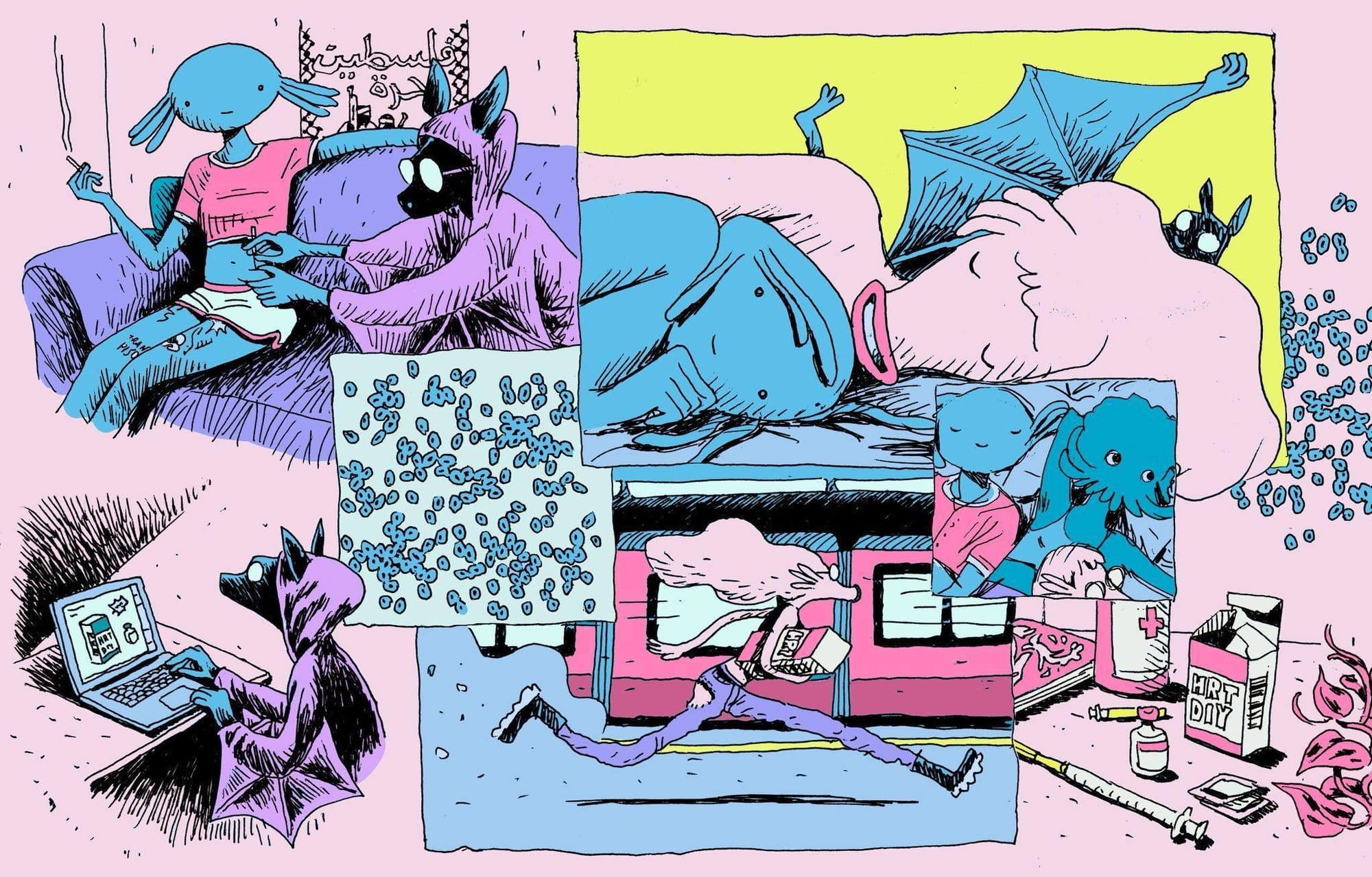 Stylized comic-style illustration depicting informal DIY hormone care and mutual aid among trans communities: a person receives an injection from a friend at home, others rest together in bed, someone runs to deliver medication, and another researches hormones on a laptop. Medical supplies, vials, and syringes appear throughout, highlighting everyday networks of care outside formal healthcare.