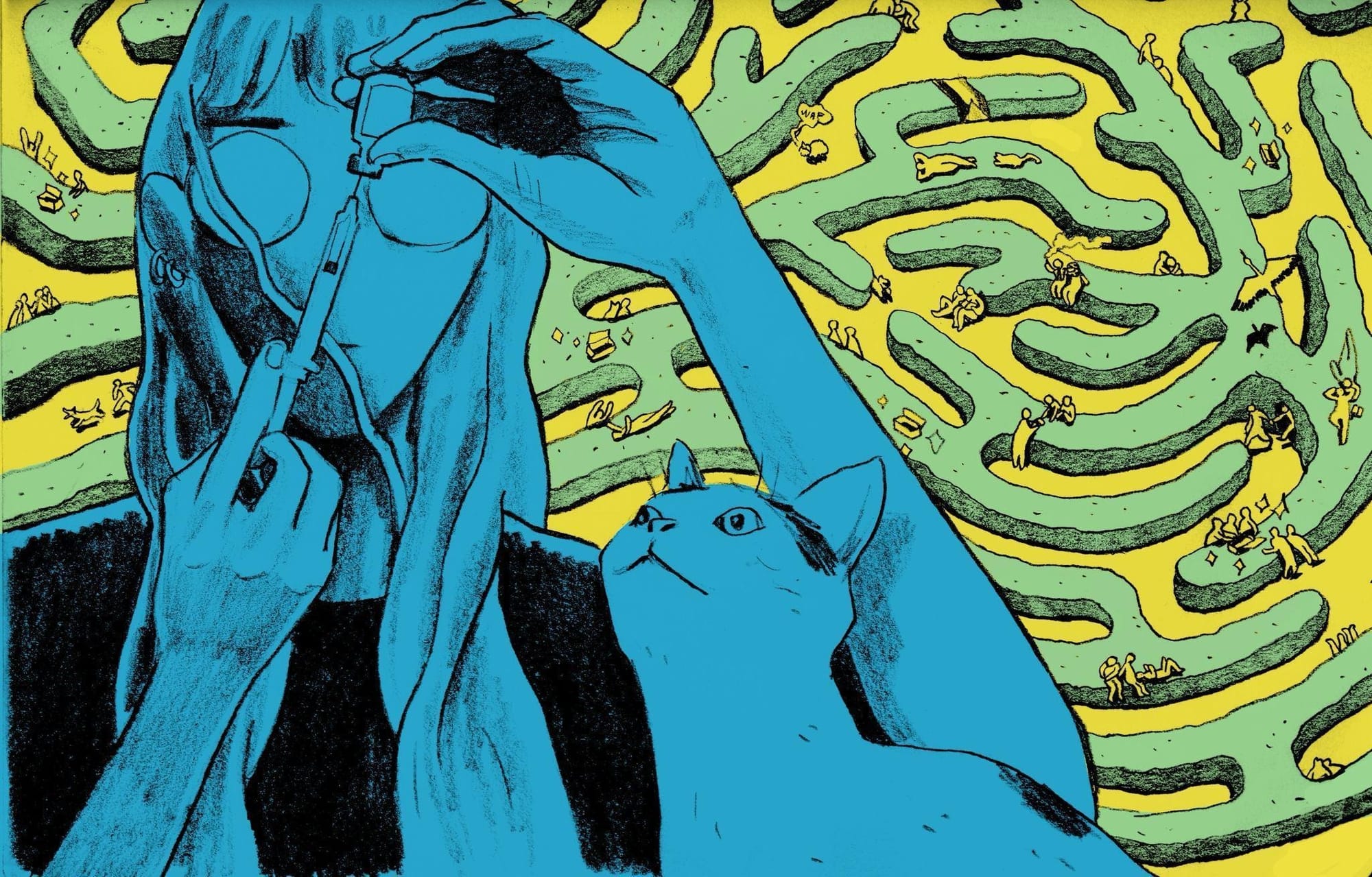 A trans girl is preparing a syringe with injectable hormones while a cat watches. Behind them, a maze-like landscape is filled with small figures interacting. The scene suggests complexity, care, and navigation within medical and social systems.